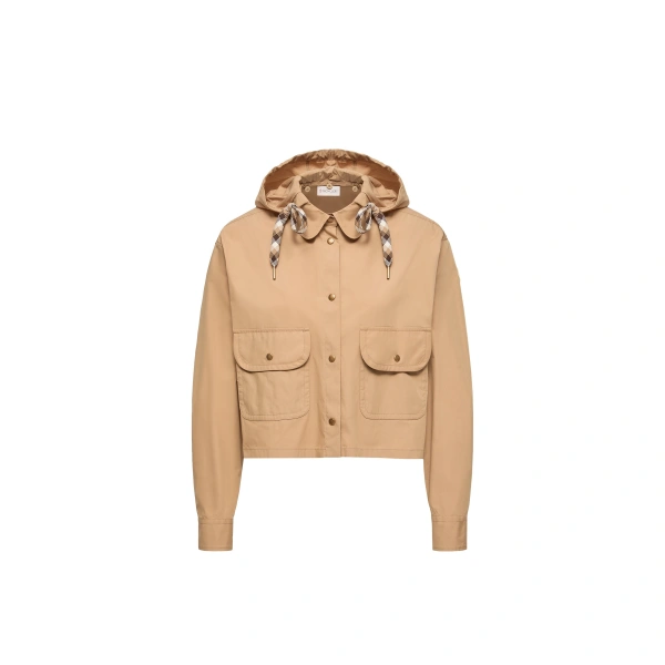 Cotton Blend Hooded Shirt Jacket in Beige