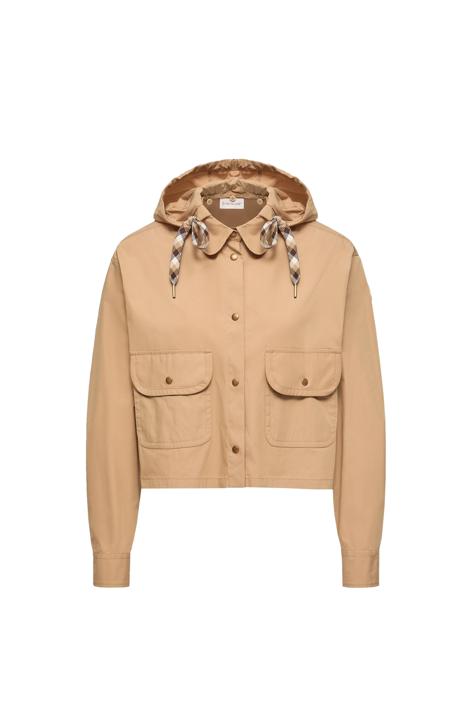 Moncler Cotton Blend Hooded Shirt Jacket in Beige Moncler Cotton Blend Hooded Shirt Jacket in Beige | Women's Jackets | Coveti
