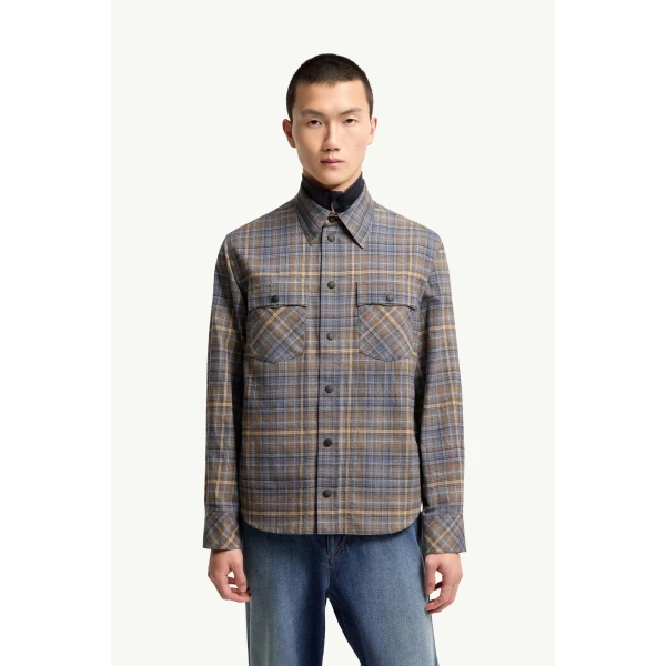 Moncler Cotton Tartan Shirt in Light Blue & Beige, view 4 | Men's Shirts | Coveti