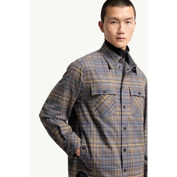 Moncler Cotton Tartan Shirt in Light Blue & Beige, view 6 | Men's Shirts | Coveti