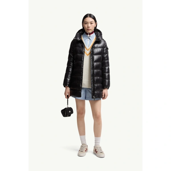 Moncler Courcelles Hooded Mid-Length Down Jacket in Black, view 2 | Women's Puffer and Down Coats | Coveti