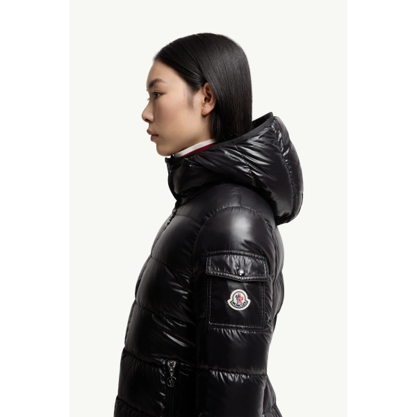 Moncler Courcelles Hooded Mid-Length Down Jacket in Black, view 3 | Women's Puffer and Down Coats | Coveti