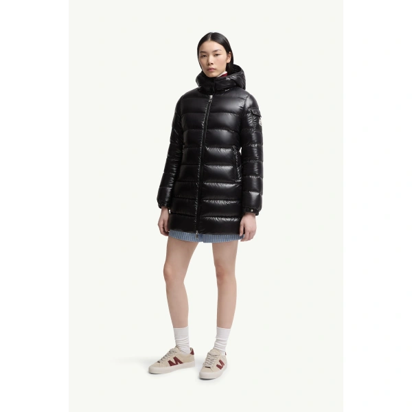 Moncler Courcelles Hooded Mid-Length Down Jacket in Black, view 4 | Women's Puffer and Down Coats | Coveti