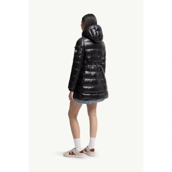 Moncler Courcelles Hooded Mid-Length Down Jacket in Black, view 5 | Women's Puffer and Down Coats | Coveti