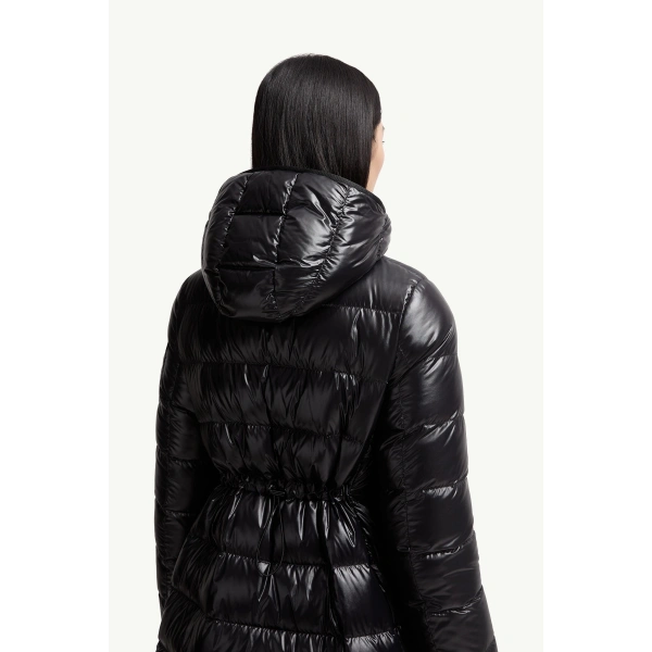 Moncler Courcelles Hooded Mid-Length Down Jacket in Black, view 6 | Women's Puffer and Down Coats | Coveti