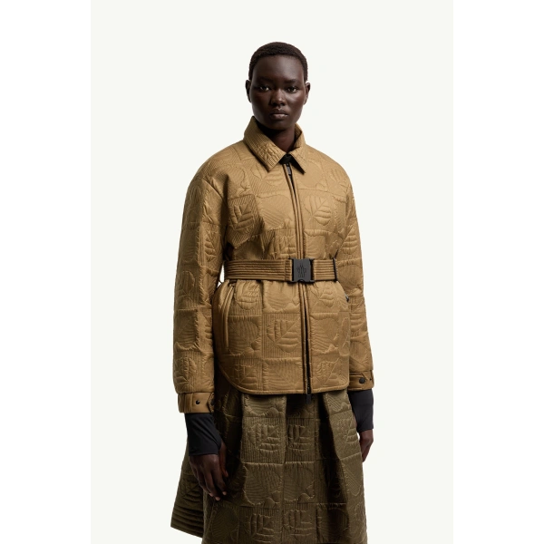 Moncler Crevoux Leaf-Quilted Down Shirt Jacket in Camel Beige, view 4 | Women's Puffer Jackets | Coveti
