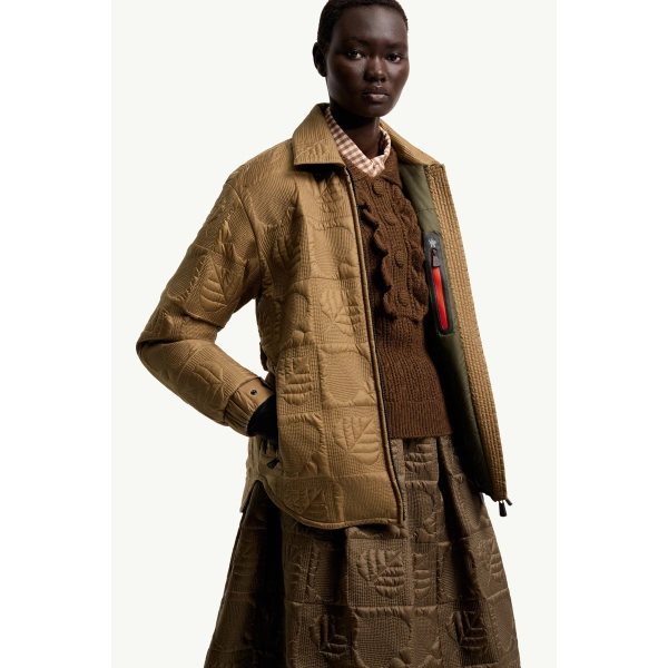 Moncler Crevoux Leaf-Quilted Down Shirt Jacket in Camel Beige, view 6 | Women's Puffer Jackets | Coveti