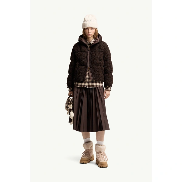 Moncler Cristallin Hooded Wool Blend Short Down Jacket in Brown, view 2 | Women's Puffer Jackets | Coveti