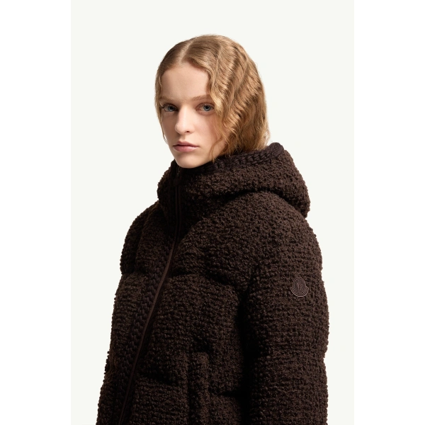 Moncler Cristallin Hooded Wool Blend Short Down Jacket in Brown, view 3 | Women's Puffer Jackets | Coveti