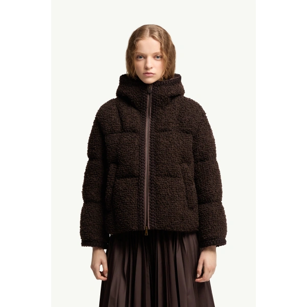 Moncler Cristallin Hooded Wool Blend Short Down Jacket in Brown, view 4 | Women's Puffer Jackets | Coveti