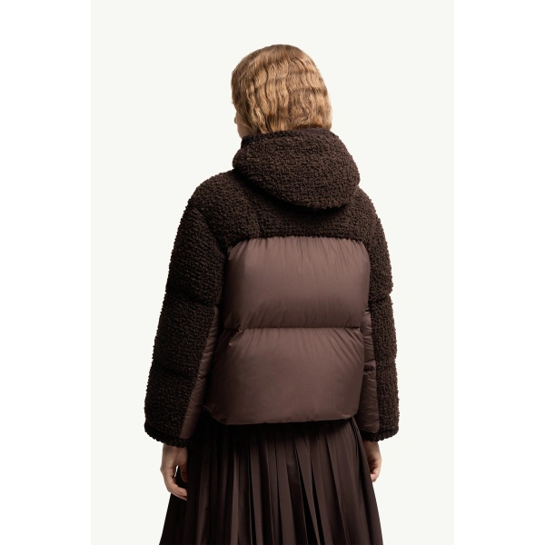 Moncler Cristallin Hooded Wool Blend Short Down Jacket in Brown, view 5 | Women's Puffer Jackets | Coveti