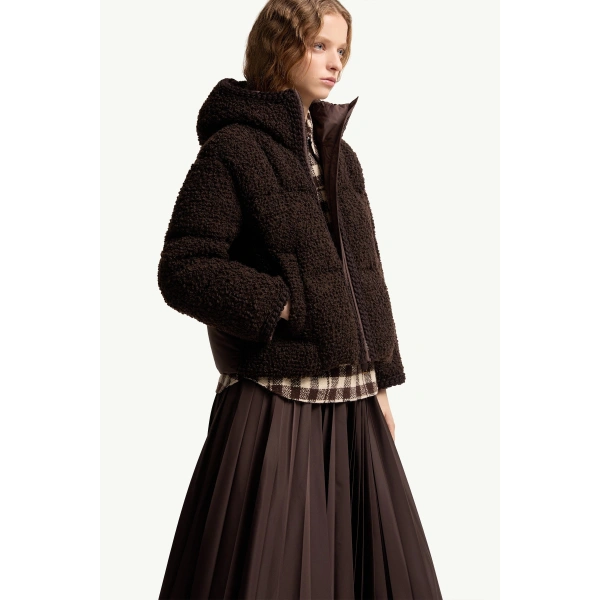 Moncler Cristallin Hooded Wool Blend Short Down Jacket in Brown, view 6 | Women's Puffer Jackets | Coveti