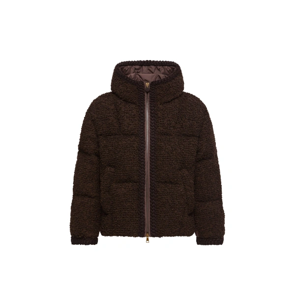 Moncler Cristallin Hooded Wool Blend Short Down Jacket in Brown | Women's Puffer Jackets | Coveti