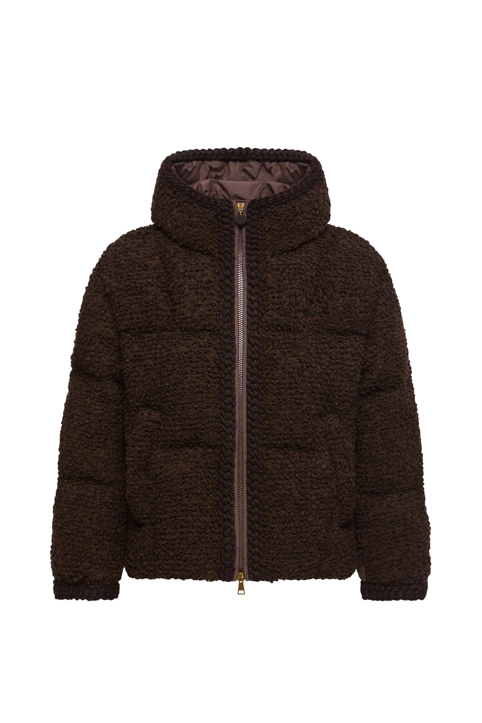 Moncler Cristallin Hooded Wool Blend Short Down Jacket in Brown Moncler Cristallin Hooded Wool Blend Short Down Jacket in Brown | Women's Puffer Jackets | Coveti