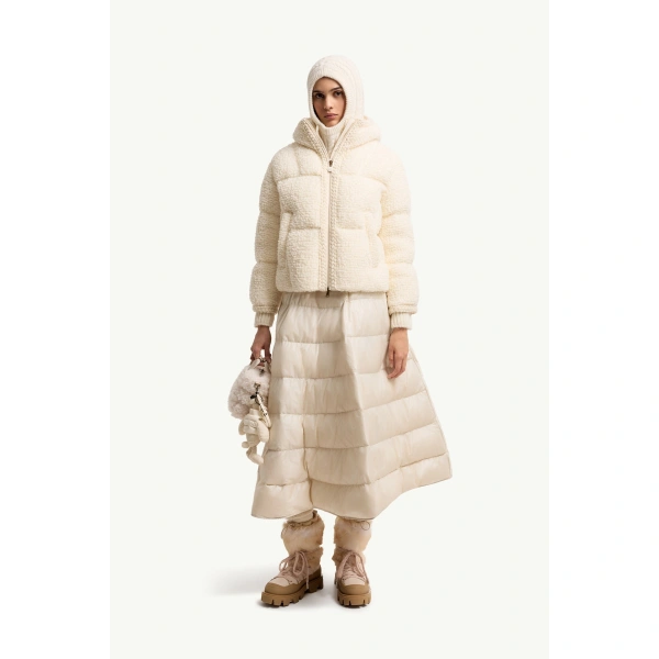 Moncler Cristallin Hooded Wool Blend Short Down Jacket in White Ivory, view 2 | Women's Puffer Jackets | Coveti