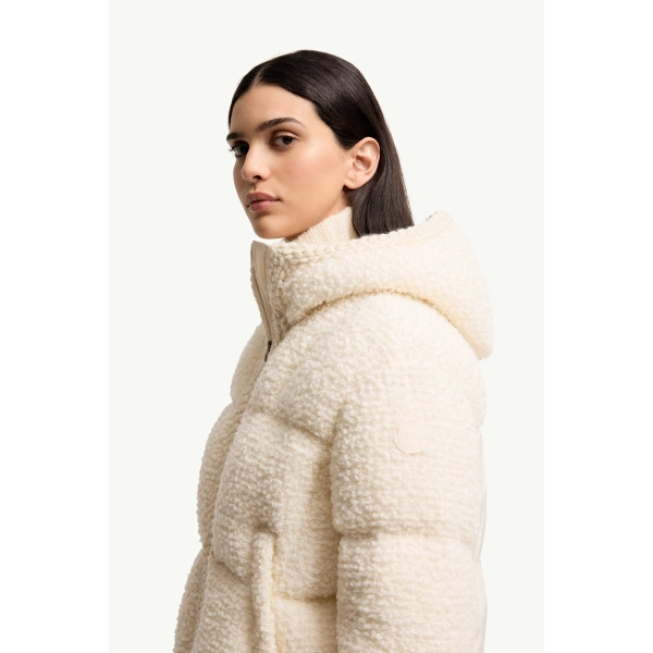 Moncler Cristallin Hooded Wool Blend Short Down Jacket in White Ivory, view 3 | Women's Puffer Jackets | Coveti
