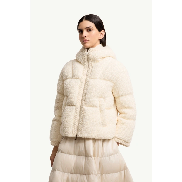 Moncler Cristallin Hooded Wool Blend Short Down Jacket in White Ivory, view 4 | Women's Puffer Jackets | Coveti
