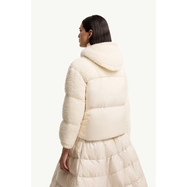 Moncler Cristallin Hooded Wool Blend Short Down Jacket in White Ivory, view 5 | Women's Puffer Jackets | Coveti