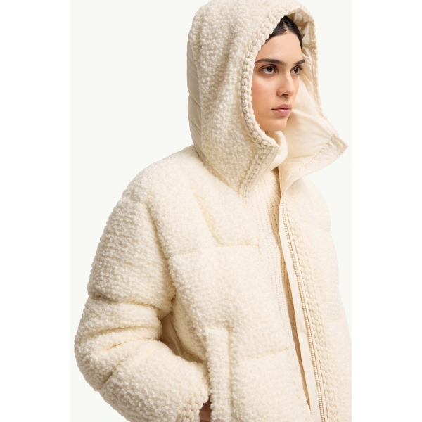 Moncler Cristallin Hooded Wool Blend Short Down Jacket in White Ivory, view 6 | Women's Puffer Jackets | Coveti