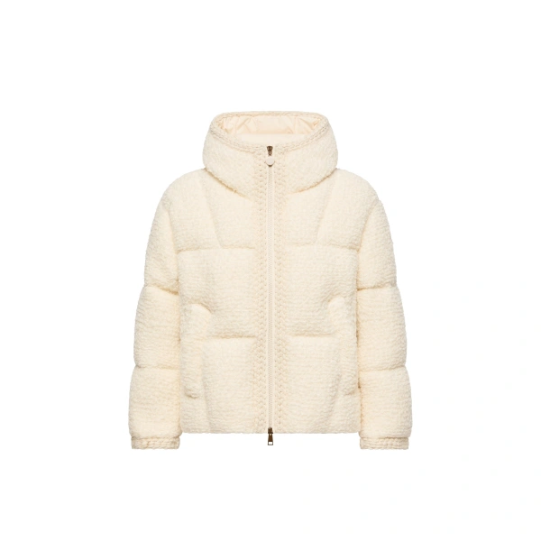 Cristallin Hooded Wool Blend Short Down Jacket in White Ivory