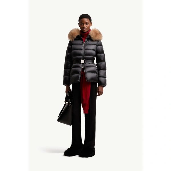 Moncler Cupidones Hooded Shearling-Trimmed Short Down Jacket in Black & Beige, view 2 | Women's Puffer Jackets | Coveti