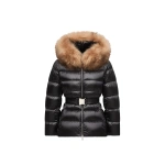Moncler Cupidones Hooded Shearling-Trimmed Short Down Jacket in Black & Beige | Women's Puffer Jackets | Coveti