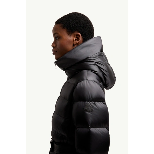 Moncler Cupidones Hooded Shearling-Trimmed Short Down Jacket in Black & Beige, view 3 | Women's Puffer Jackets | Coveti