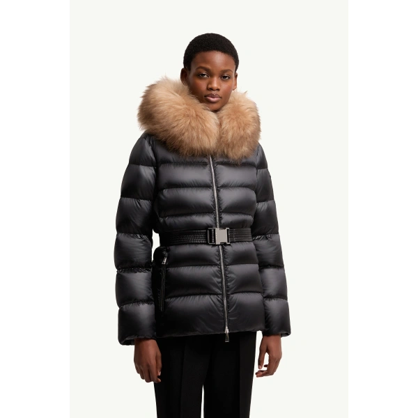 Moncler Cupidones Hooded Shearling-Trimmed Short Down Jacket in Black & Beige, view 4 | Women's Puffer Jackets | Coveti