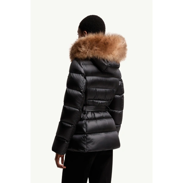 Moncler Cupidones Hooded Shearling-Trimmed Short Down Jacket in Black & Beige, view 5 | Women's Puffer Jackets | Coveti