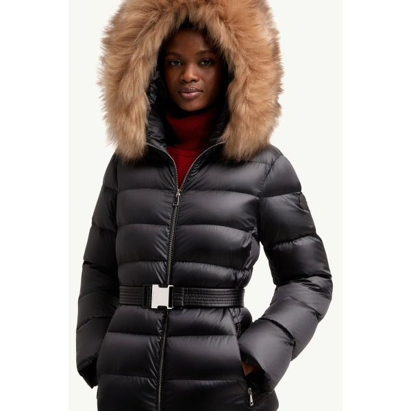 Moncler Cupidones Hooded Shearling-Trimmed Short Down Jacket in Black & Beige, view 6 | Women's Puffer Jackets | Coveti