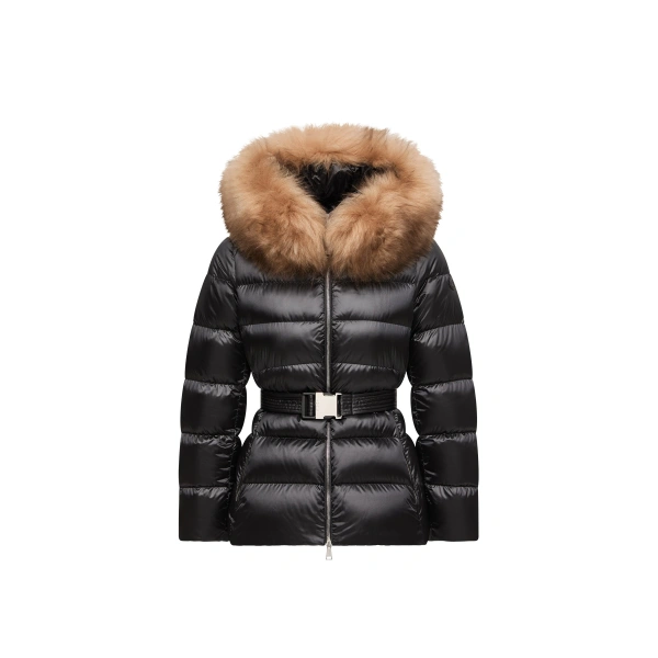 Cupidones Hooded Shearling-Trimmed Short Down Jacket in Black & Beige