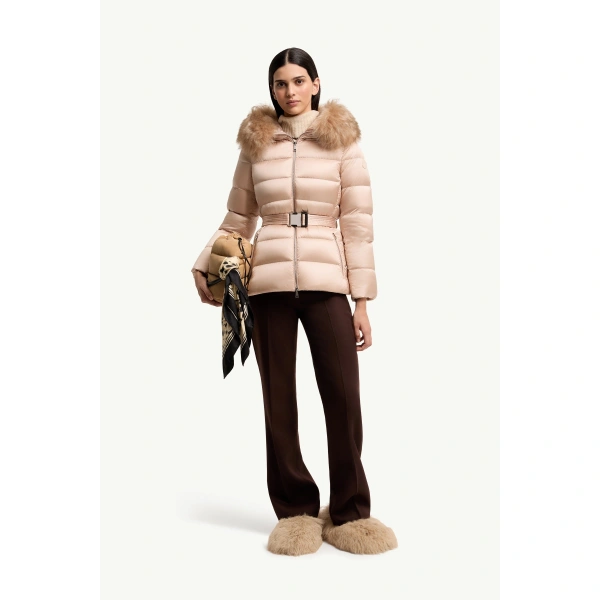 Moncler Cupidones Hooded Shearling-Trimmed Short Down Jacket in Light Pink, view 2 | Women's Puffer Jackets | Coveti