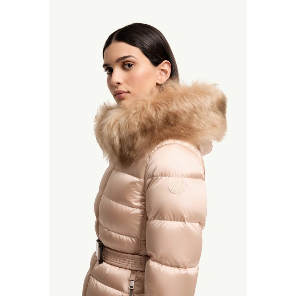Moncler Cupidones Hooded Shearling-Trimmed Short Down Jacket in Light Pink, view 3 | Women's Puffer Jackets | Coveti
