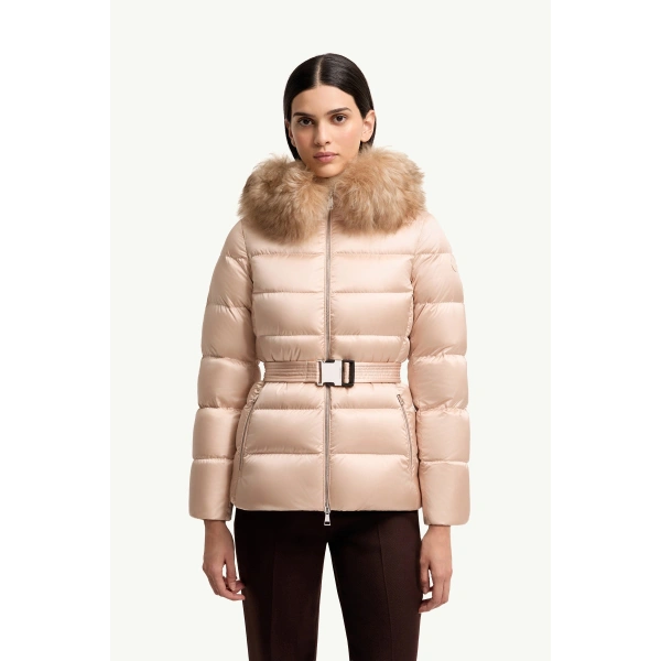 Moncler Cupidones Hooded Shearling-Trimmed Short Down Jacket in Light Pink, view 4 | Women's Puffer Jackets | Coveti