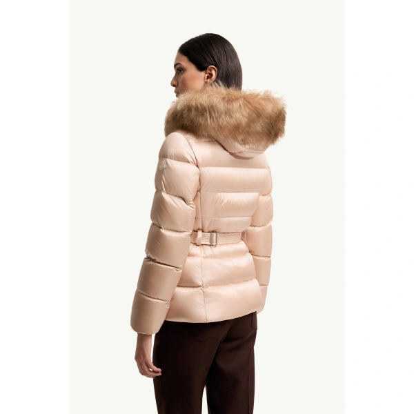 Moncler Cupidones Hooded Shearling-Trimmed Short Down Jacket in Light Pink, view 5 | Women's Puffer Jackets | Coveti