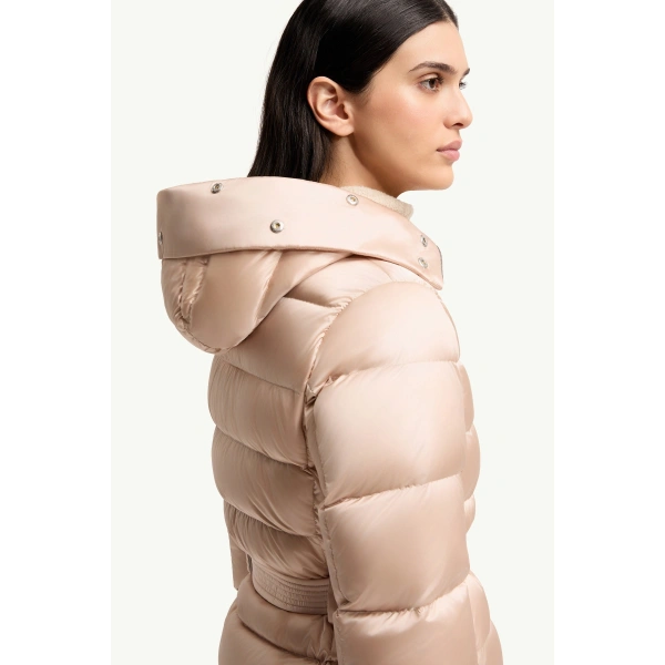 Moncler Cupidones Hooded Shearling-Trimmed Short Down Jacket in Light Pink, view 6 | Women's Puffer Jackets | Coveti