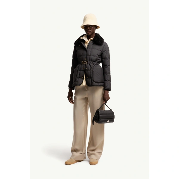 Moncler Cygnes Belted Short Down Jacket in Black, view 2 | Women's Puffer Jackets | Coveti