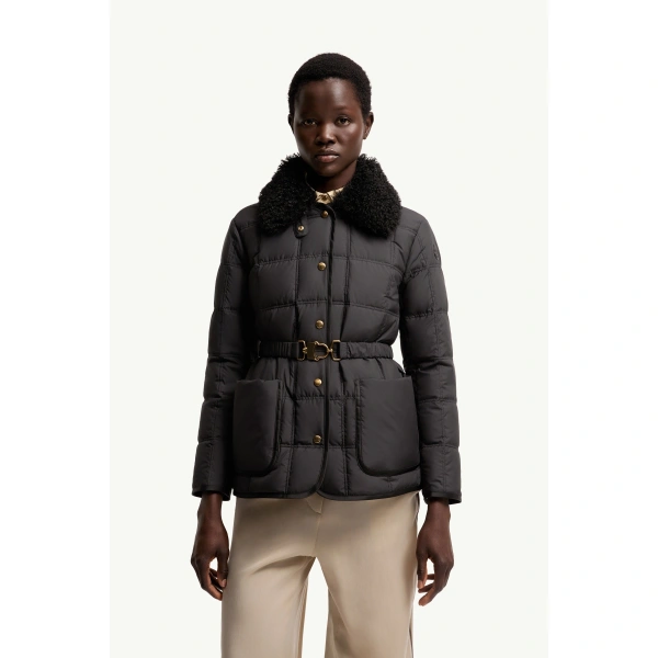 Moncler Cygnes Belted Short Down Jacket in Black, view 4 | Women's Puffer Jackets | Coveti