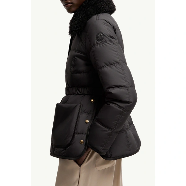 Moncler Cygnes Belted Short Down Jacket in Black, view 6 | Women's Puffer Jackets | Coveti
