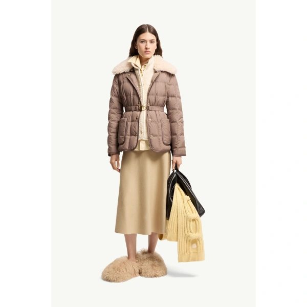 Moncler Cygnes Belted Short Down Jacket in Brown, view 2 | Women's Puffer Jackets | Coveti