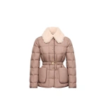 Moncler Cygnes Belted Short Down Jacket in Brown | Women's Puffer Jackets | Coveti