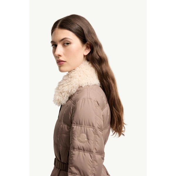 Moncler Cygnes Belted Short Down Jacket in Brown, view 3 | Women's Puffer Jackets | Coveti