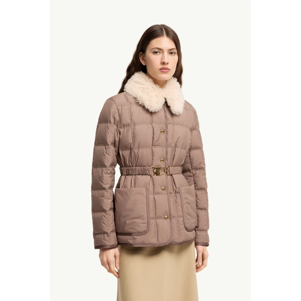 Moncler Cygnes Belted Short Down Jacket in Brown, view 4 | Women's Puffer Jackets | Coveti