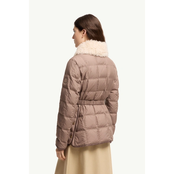 Moncler Cygnes Belted Short Down Jacket in Brown, view 5 | Women's Puffer Jackets | Coveti