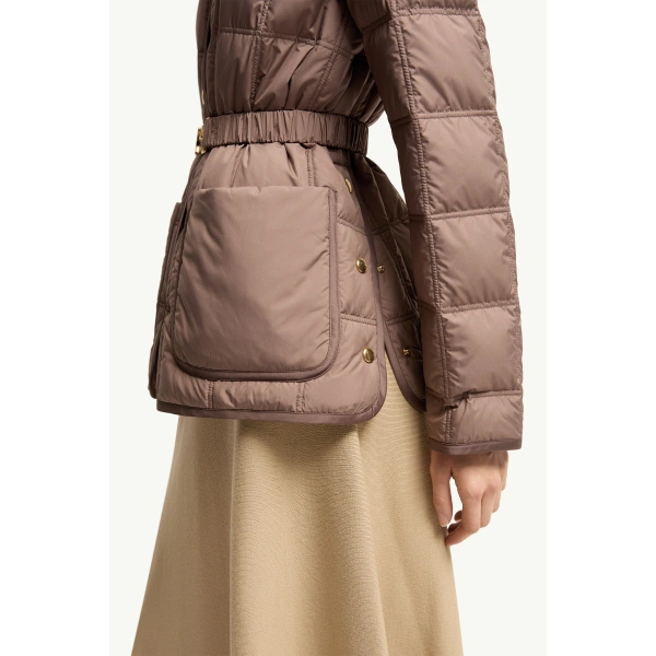 Moncler Cygnes Belted Short Down Jacket in Brown, view 6 | Women's Puffer Jackets | Coveti