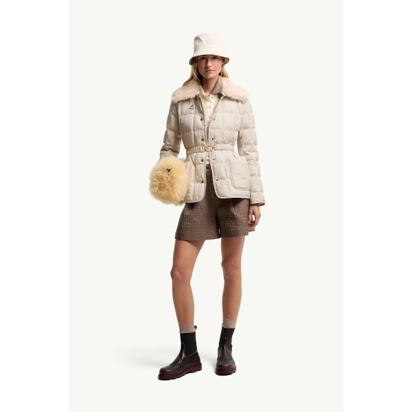 Moncler Cygnes Belted Short Down Jacket in Light Beige, view 2 | Women's Puffer Jackets | Coveti