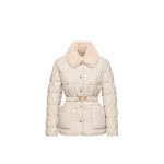Moncler Cygnes Belted Short Down Jacket in Light Beige | Women's Puffer Jackets | Coveti