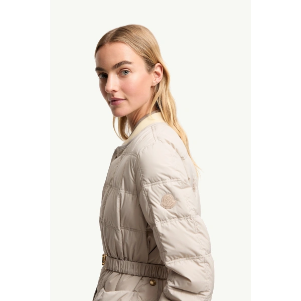 Moncler Cygnes Belted Short Down Jacket in Light Beige, view 3 | Women's Puffer Jackets | Coveti