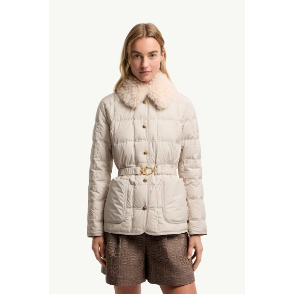 Moncler Cygnes Belted Short Down Jacket in Light Beige, view 4 | Women's Puffer Jackets | Coveti