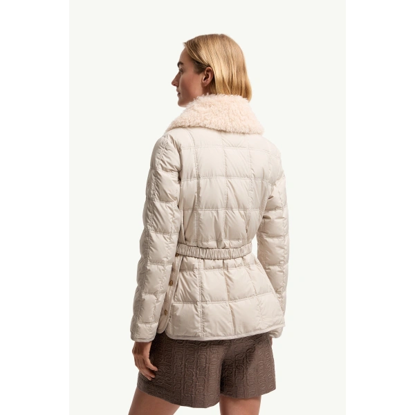 Moncler Cygnes Belted Short Down Jacket in Light Beige, view 5 | Women's Puffer Jackets | Coveti